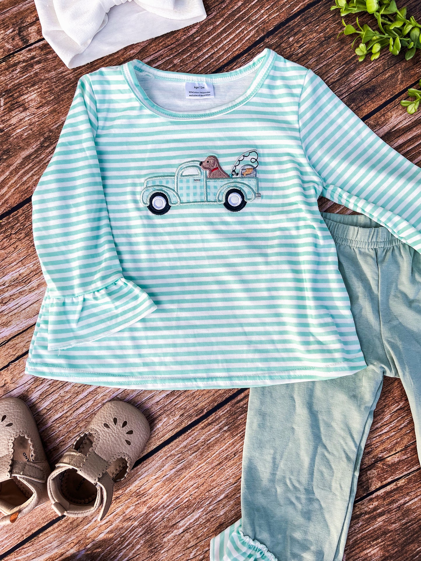 Dog Fishing Appliqué Long Sleeve Set
